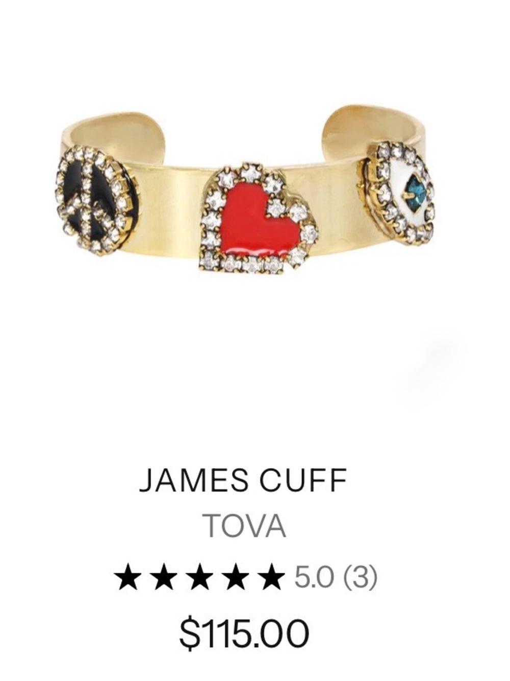 Tova James Red Heart peace and evil eye Symbol Gold Cuff Bracelet